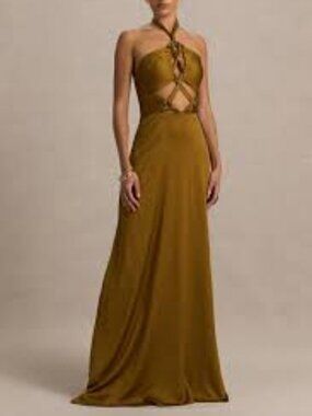 Club london l Aleera Olive Chiffon Halter-Neck Maxi Dress With Cut-Out Detail